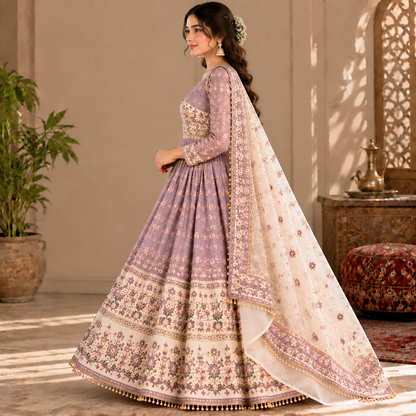 Afghan Traditional Lavender Embroidered Dress – Elegant Floral Heritage Gown