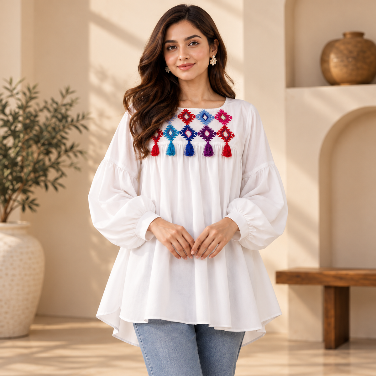 Embroidered Tassel Tunic Top – White