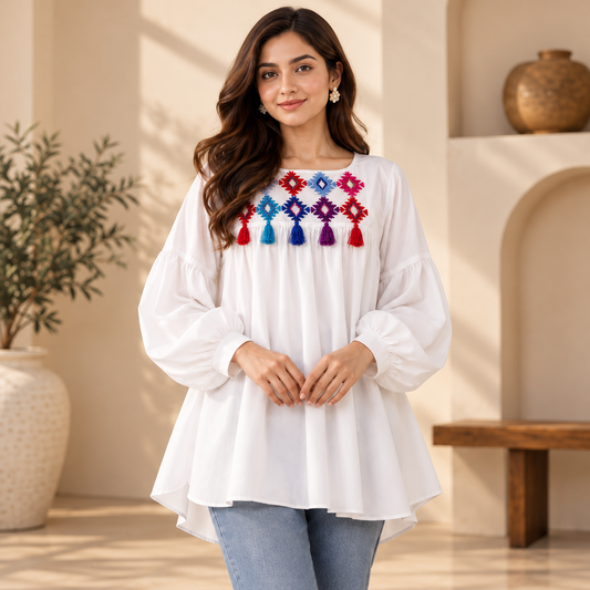 Embroidered Tassel Tunic Top – White