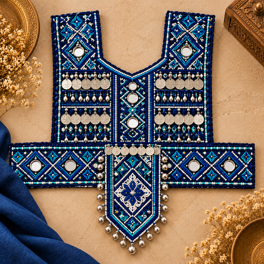 Royal Blue Hand-Embroidered Mirror Work Neckline Patch with Silver Coin Tassels