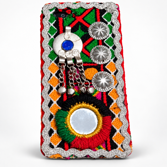 Traditional Handmade Embroidered Mobile Cover with Silver Charms – Multicolor