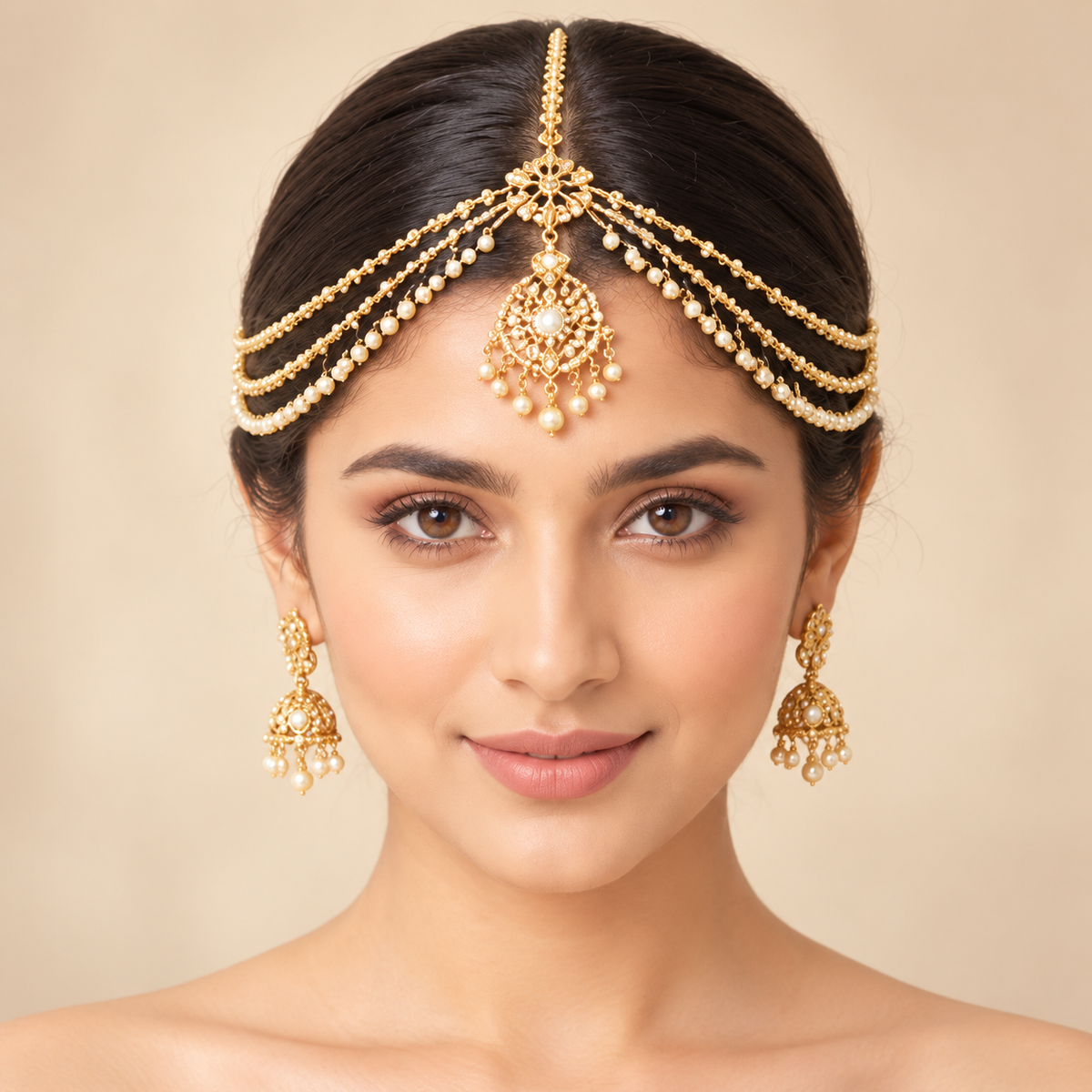 Luxury Gold &amp; Pearl Bridal Matha Patti Jewelry Set