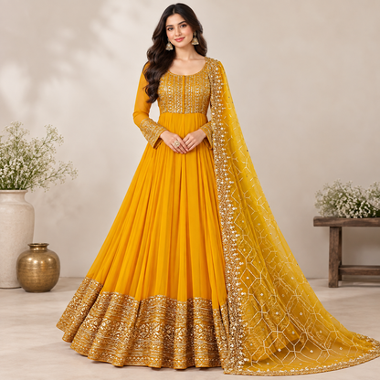 Mustard Gold Embroidered Anarkali Dress