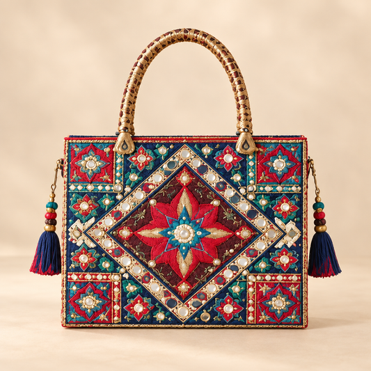 Royal Heritage Handmade Embroidered Handbag with Mirror Work & Tassels – Multicolor