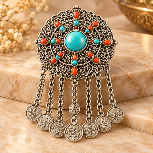 Antique Silver Turquoise Blue & Coral Red Floral Brooch with Coin Danglers