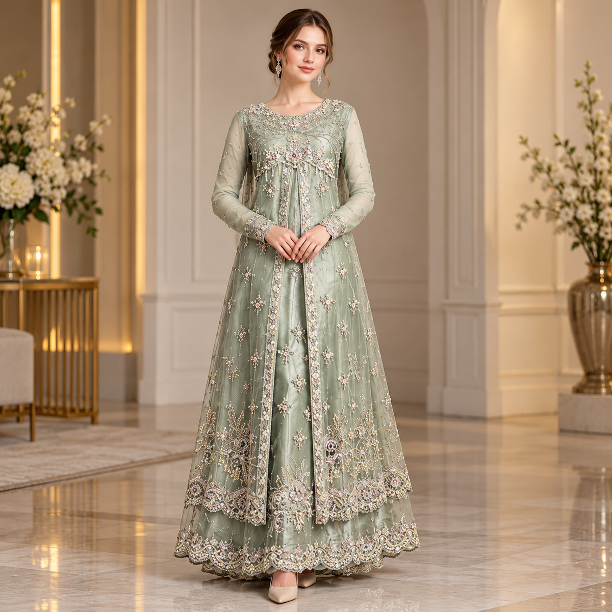 Sage Green Luxury Embroidered Bridal Gown