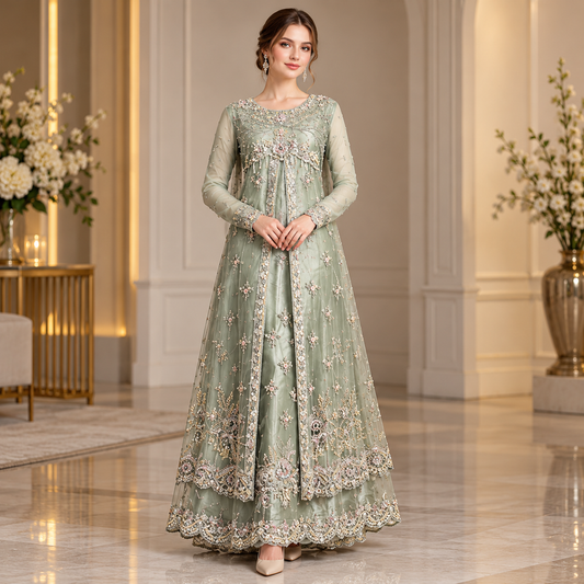 Sage Green Luxury Embroidered Bridal Gown