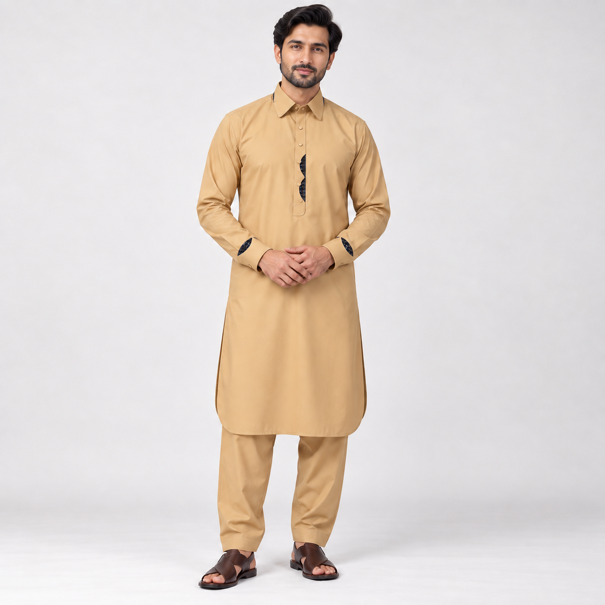 Classic Tan Shalwar Kameez with Patterned Trim