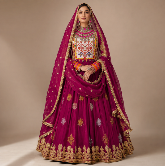Magenta Embroidered Afghan Maxi Dress