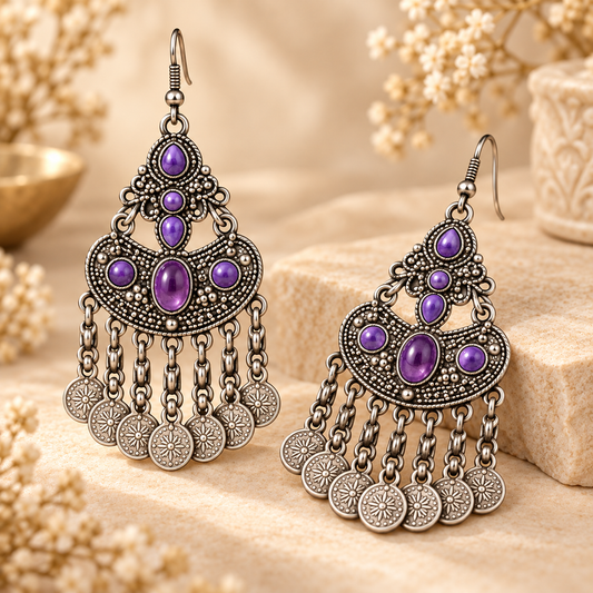 Antique Silver Purple Stone Chandbali Earrings