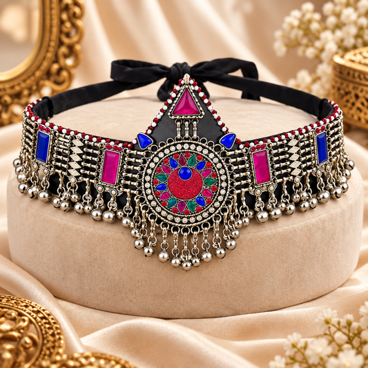 Luxury Multicolor Antique Silver Tribal Matha Patti Headpiece