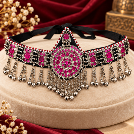Luxury Ruby Pink &amp; Antique Silver Handmade Tribal Matha Patti Headpiece