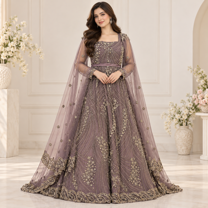 Luxury Mauve Gold Embroidered Bridal Maxi Dress with Net Dupatta