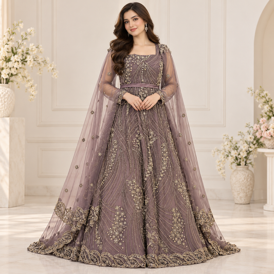 Luxury Mauve Gold Embroidered Bridal Maxi Dress with Net Dupatta