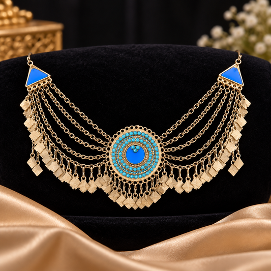 Luxury Royal Blue &amp; Turquoise Gold Handmade Matha Patti Headpiece