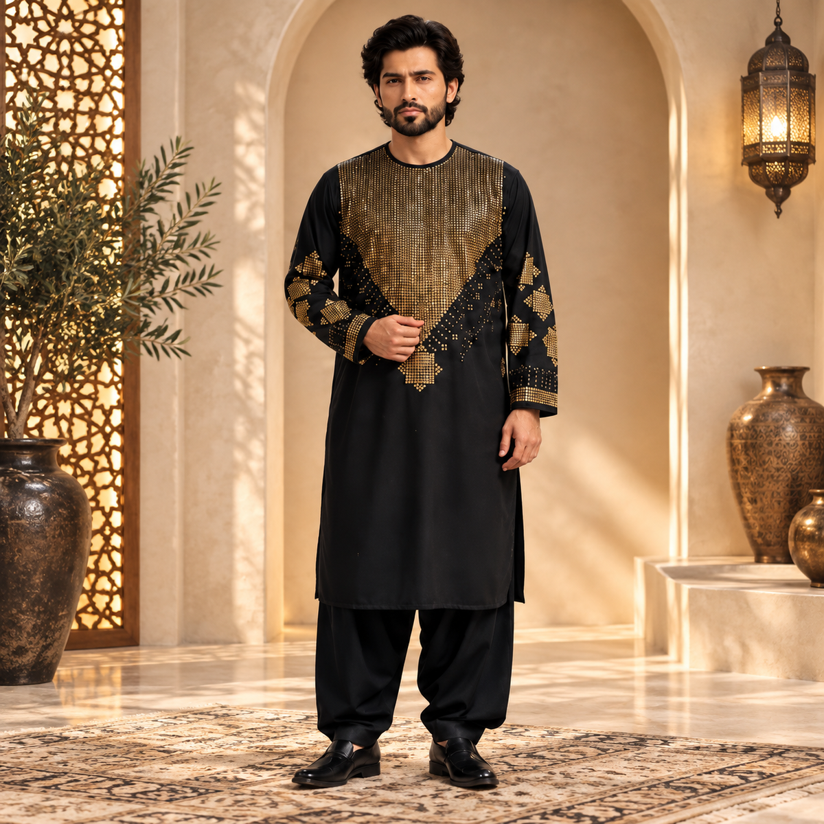 Afghan Traditional Black Embroidered Kurta Shalwar – Royal Gold Heritage Wear