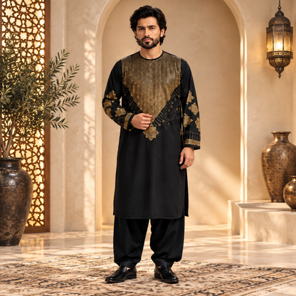 Afghan Traditional Black Embroidered Kurta Shalwar – Royal Gold Heritage Wear