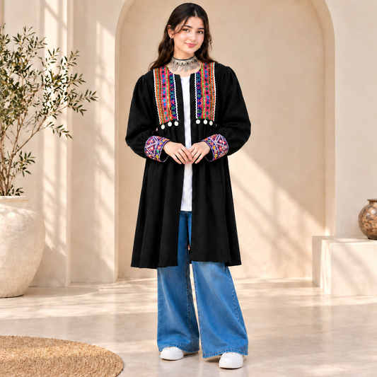 Afghan Heritage Black Embroidered Coat