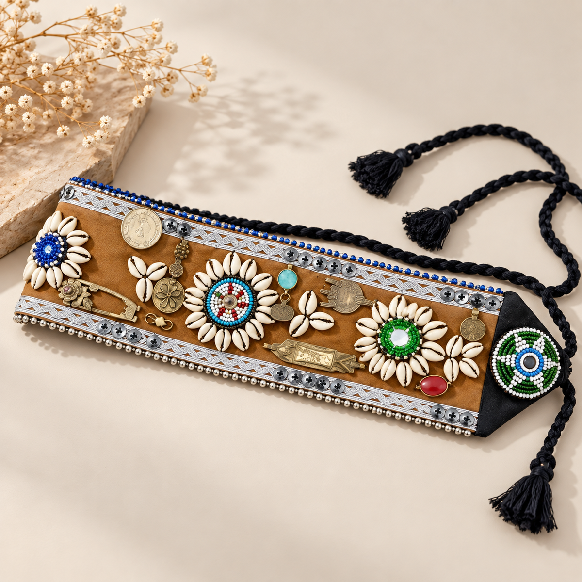 Bohemian Tribal Cowrie Shell Embroidered Waist Belt – Brown