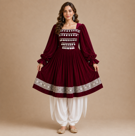 Maroon Velvet Afghan Dress