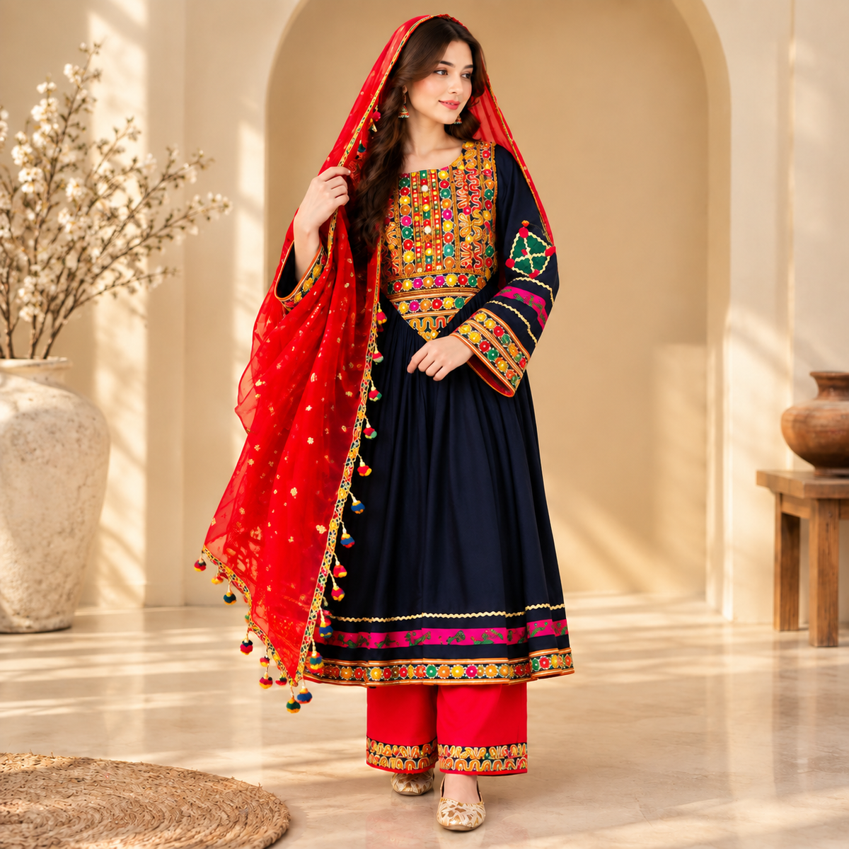 Afghan Traditional Embroidered Dress – Royal Navy Blue Heritage Suit