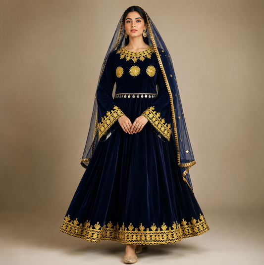 Navy Blue Velvet Afghan Maxi Dress