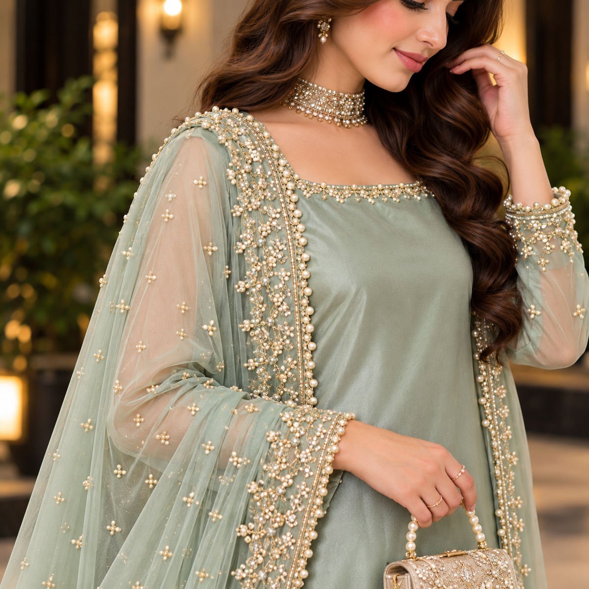 Sage Serenity – Luxury Pearl Embellished Party Wear Ensemble