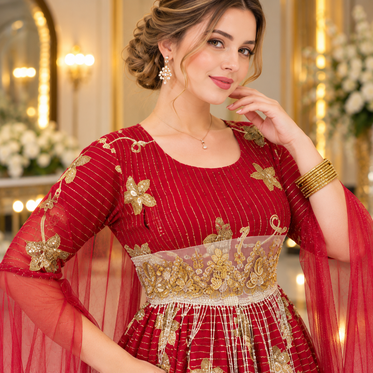 Royal Crimson Red Luxury Gold Embroidered Bridal Maxi Dress