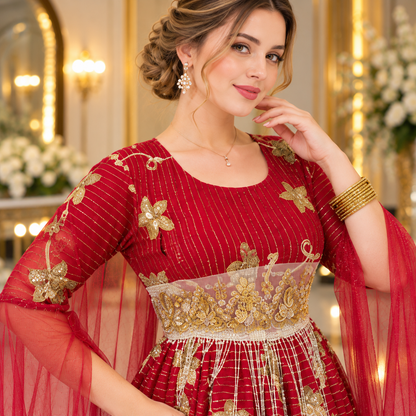 Royal Crimson Red Luxury Gold Embroidered Bridal Maxi Dress