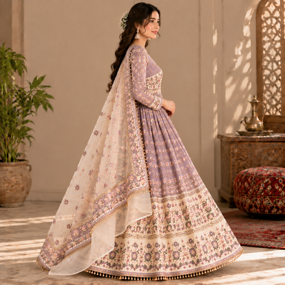 Afghan Traditional Lavender Embroidered Dress – Elegant Floral Heritage Gown