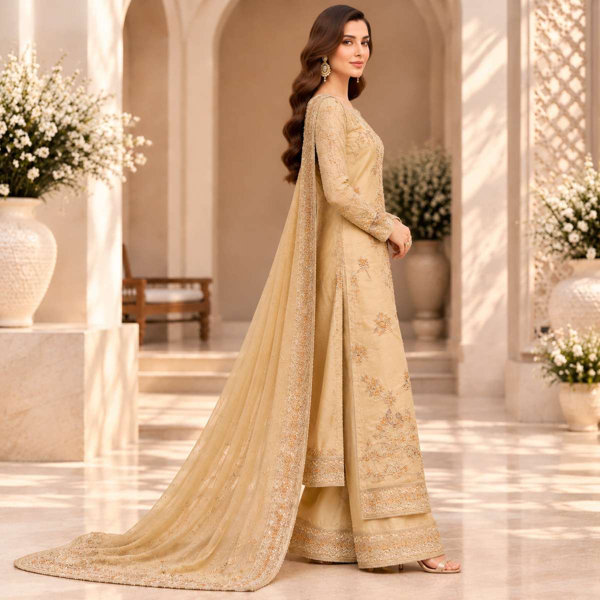 Golden Aura – Luxury Champagne Pakistani Embroidered Suit