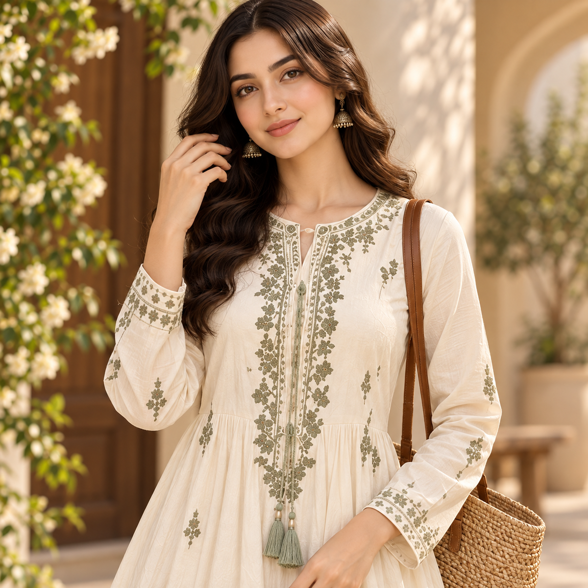 Women's Ivory Floral Embroidered Anarkali 2-Piece Suit – Olive Green