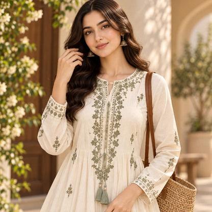 Women's Ivory Floral Embroidered Anarkali 2-Piece Suit – Olive Green