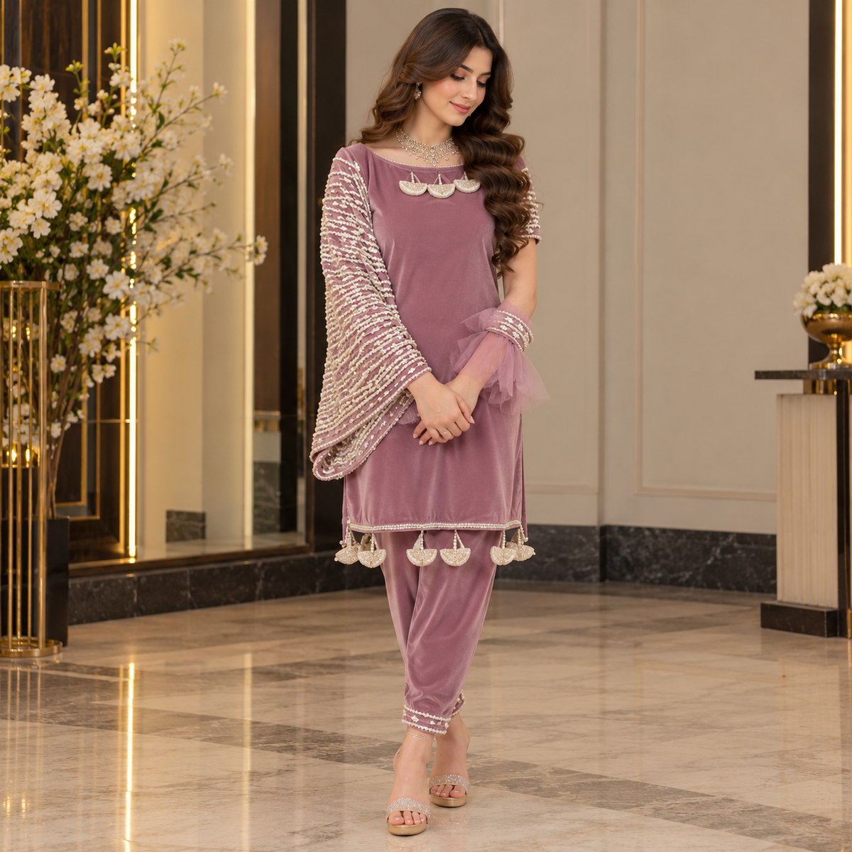 Mauve Royale – Luxury Pearl Embellished Velvet Party Wear
