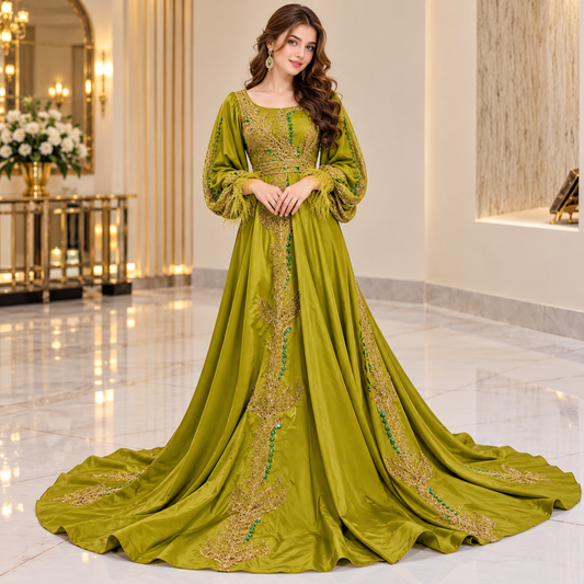 Royal Olive Green Luxury Gold Embroidered Bridal Maxi Dress