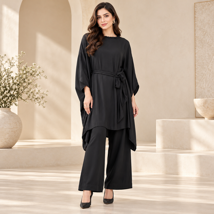 Women's Elegant Black Kaftan Tunic & Wide-Leg Palazzo 2-Piece Co-Ord Set