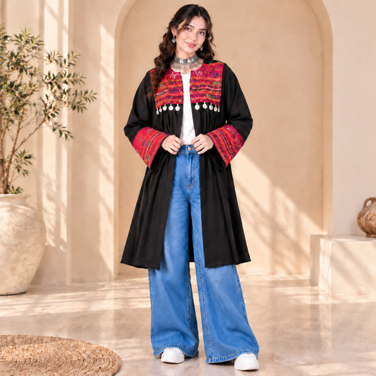 Afghan Heritage Black Embroidered Statement Coat