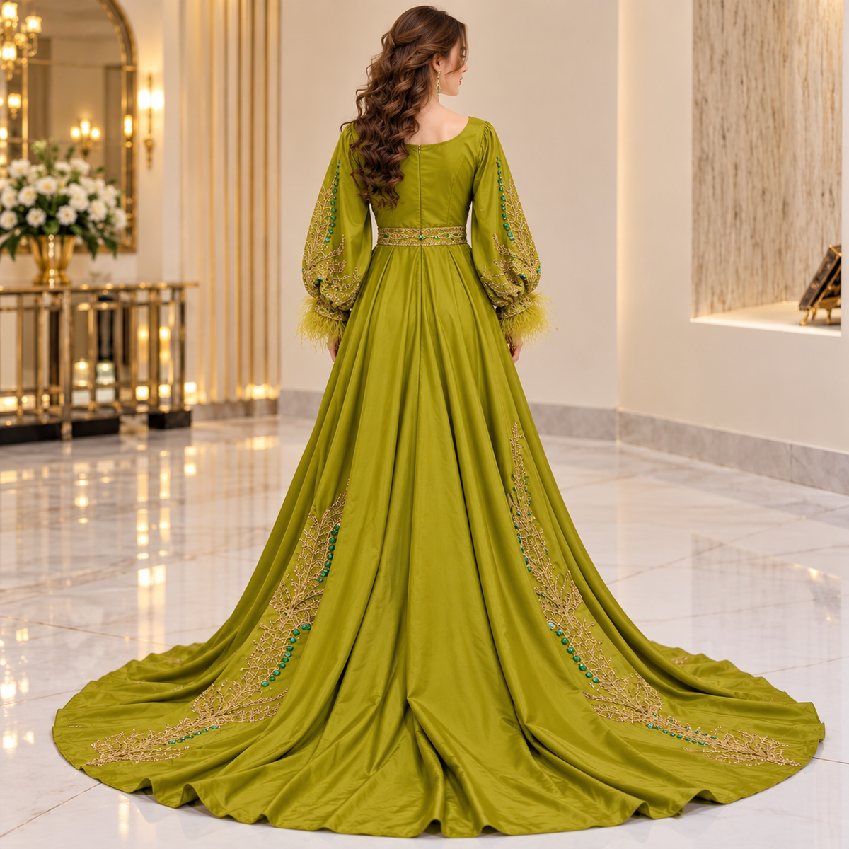 Royal Olive Green Luxury Gold Embroidered Bridal Maxi Dress
