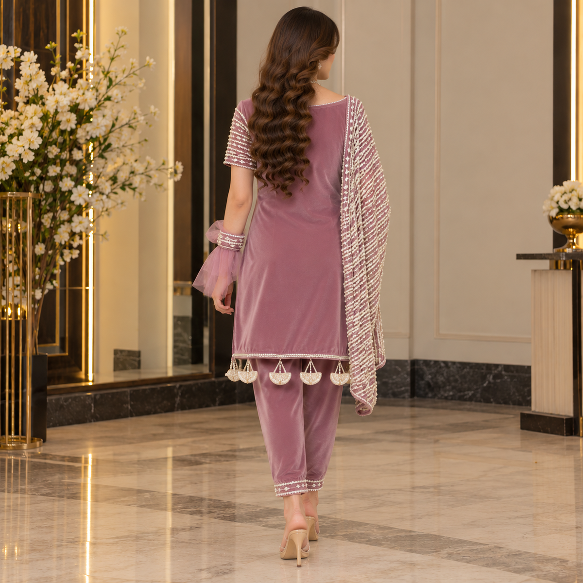 Mauve Royale – Luxury Pearl Embellished Velvet Party Wear