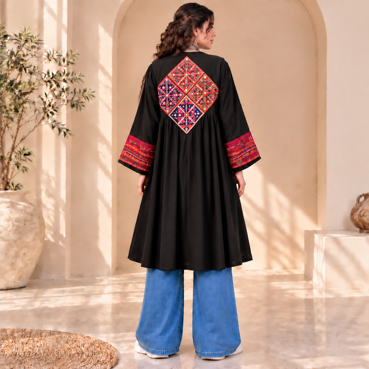 Afghan Heritage Black Embroidered Statement Coat