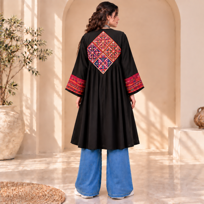 Afghan Heritage Black Embroidered Statement Coat