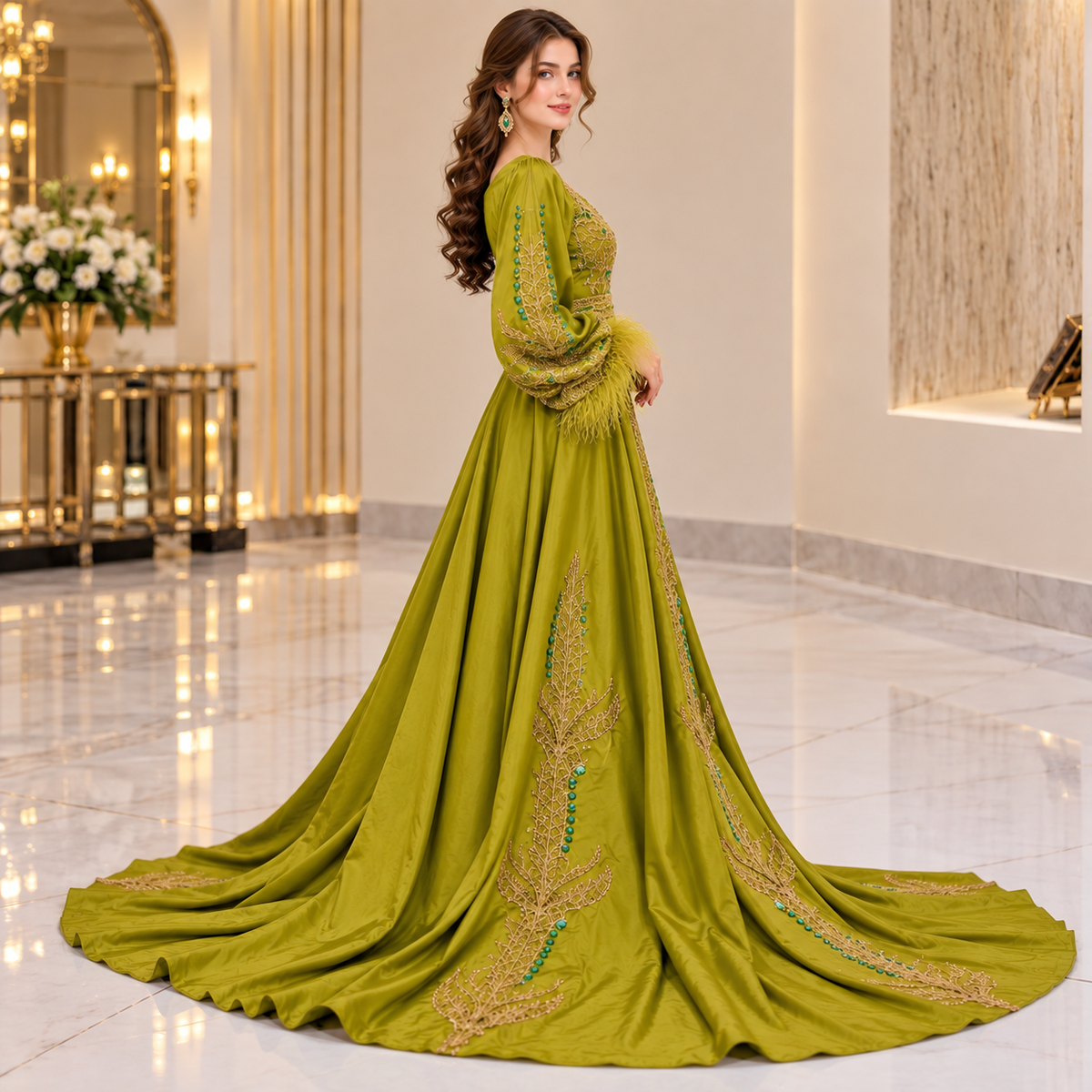 Royal Olive Green Luxury Gold Embroidered Bridal Maxi Dress