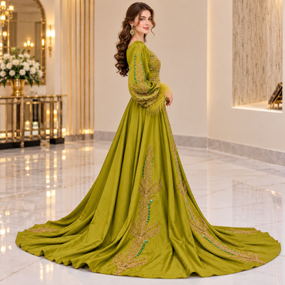 Royal Olive Green Luxury Gold Embroidered Bridal Maxi Dress