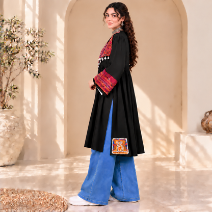 Afghan Heritage Black Embroidered Statement Coat