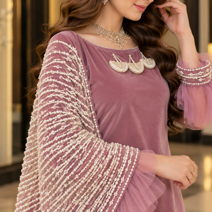 Mauve Royale – Luxury Pearl Embellished Velvet Party Wear