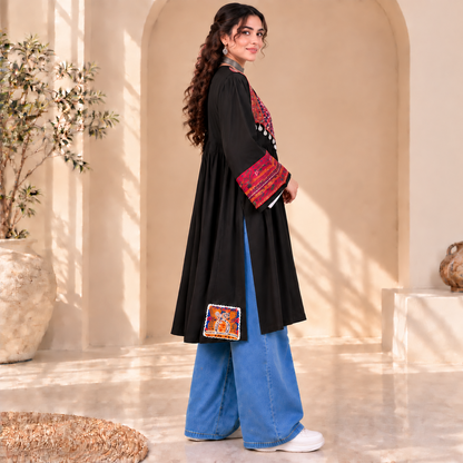 Afghan Heritage Black Embroidered Statement Coat