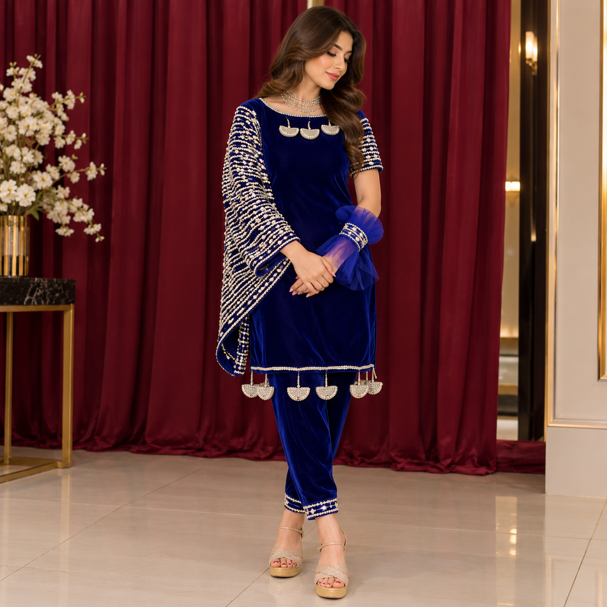 Royal Sapphire – Luxury Pearl Embellished Velvet Party Wear Ensemble