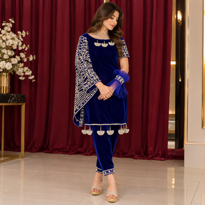 Royal Sapphire – Luxury Pearl Embellished Velvet Party Wear Ensemble
