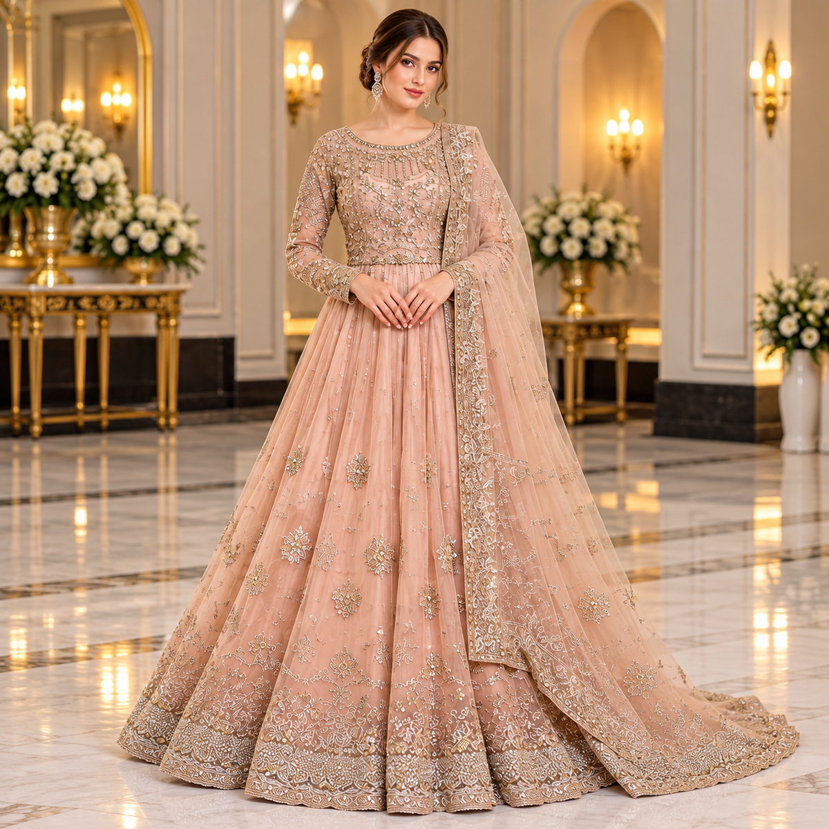 Royal Blush Peach Luxury Gold Embroidered Bridal Maxi Dress