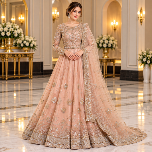 Royal Blush Peach Luxury Gold Embroidered Bridal Maxi Dress